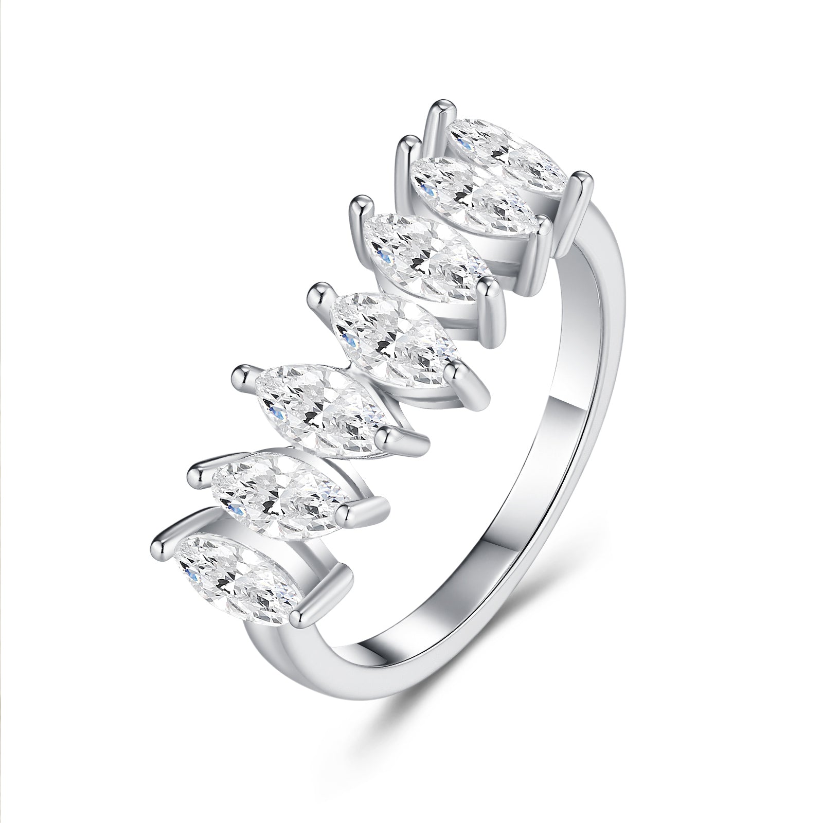 Bague demi-jonc en moissanite marquise : pierres marquise pavées de feu - Sertissage à griffes sécurisé - Design asymétrique élégant - Élégance féminine
