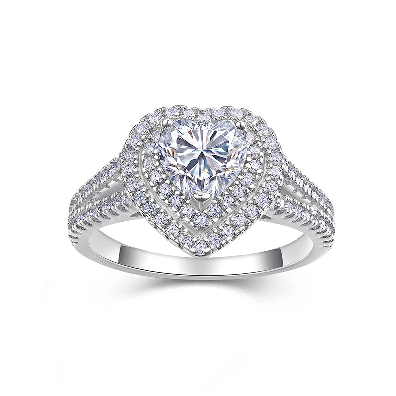 Bague élégante en moissanite cœur | Double halo micro-pavé de diamants scintillants sur les côtés, Princess Dreams
