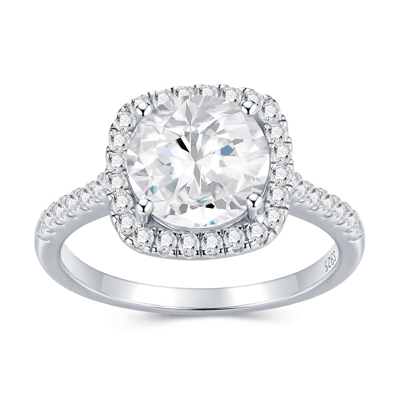 Bague en moissanite avec halo coussin pavé français et sertissage à quatre griffes | Ajustement parfait | Anneaux ornés de diamants